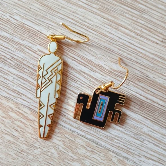 Vintage Laurel Burch Cloisonné Earrings 'Man & Pelican' Dangle French Ear Wires - Picture 3 of 9